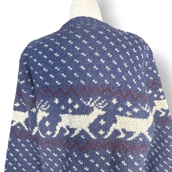 Vintage Blue Reindeer Wool Sweater Fair Isle Blue Knit Nordic Cottagecore Large - Picture 5 of 8
